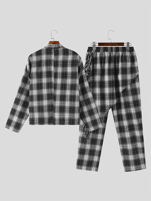 Mens Plaid Kimono Casual Two Pieces Outfits SKUK44895