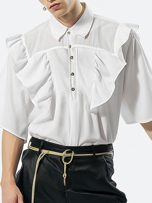 Mens Ruffles Lapel Collar Short Sleeve Shirt SKUK48363