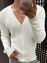 Mens Textured Deep V-Neck Long-Sleeve T-Shirt SKUK88904