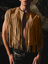 Mens Fringe Deer Suede Sleeveless Waistcoat SKUK74674