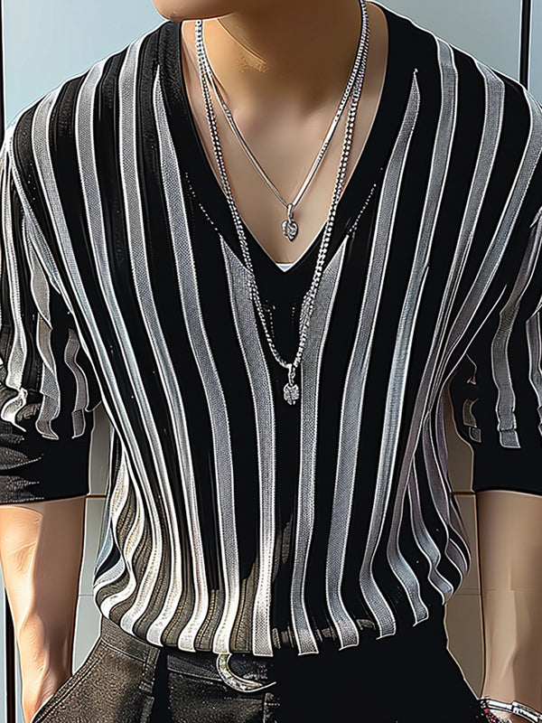 Mens Striped V-Neck 3/4 Length Sleeve T-Shirt SKUK72715