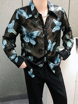 Mens Butterfly Print Sheer Long Sleeve Shirt SKUK68196