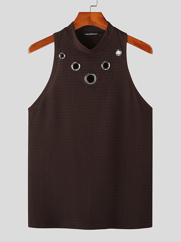 Mens Metal Hole Half-Collar Texture Tank Vest SKUK09326