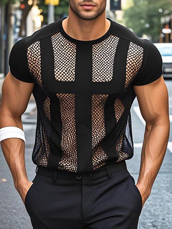 Mens Slightly Sheer Mesh Panel Short-Sleeve T-Shirt SKUK94775