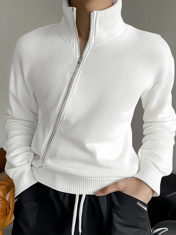 Mens Knit Asymmetric Zipper Long-Sleeve T-Shirt SKUK92513