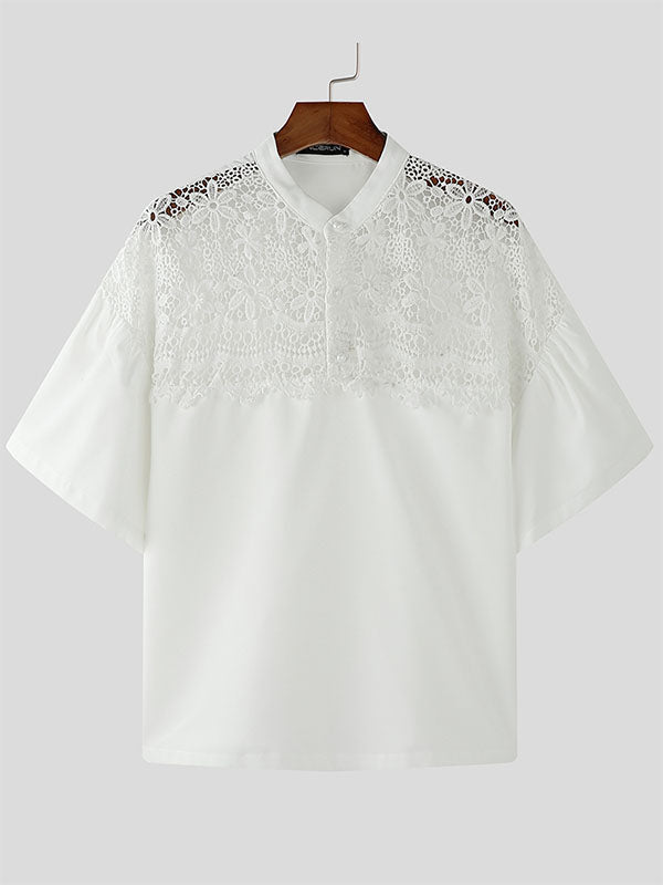 Mens Lace Patchwork Short Sleeve Half-Placket Shirt SKUK80573