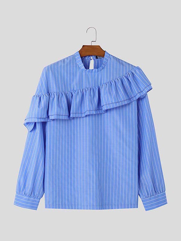 Mens Ruffle Patchwork Striped Long-Sleeve Shirt SKUK81212