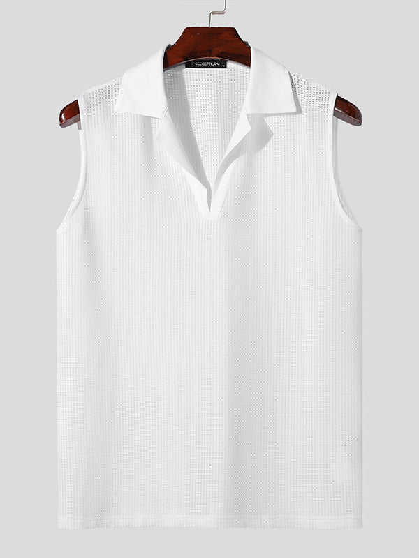 Mens Solid Textured Notched Neck Sleeveless Vest SKUK55780