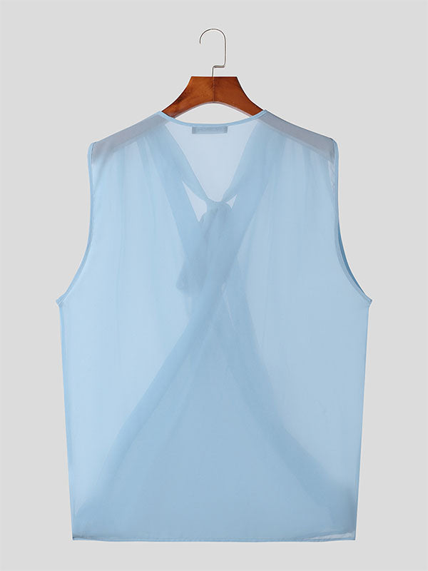 Mens Sheer Cowl Neck Tie-Strap Tank SKUK68479