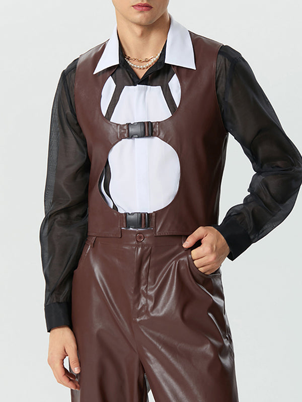 Mens Cutout Buckle Design Faux Leather Waistcoat SKUK32365