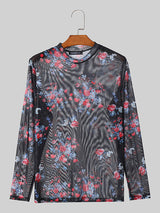 Mens Floral Print See Through Long Sleeve T-Shirt SKUK52800