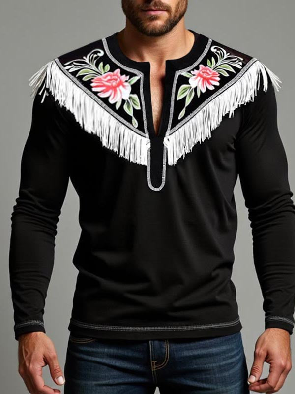 Mens Fringe Design V-Neck Long-Sleeve T-Shirt SKUK84418