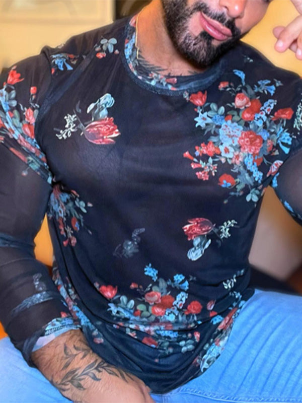 Mens Floral Print See Through Long Sleeve T-Shirt SKUK52800