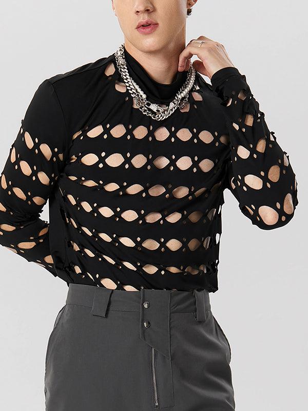 Mens Cutout Half-Collar Long Sleeve T-Shirt SKUK25984