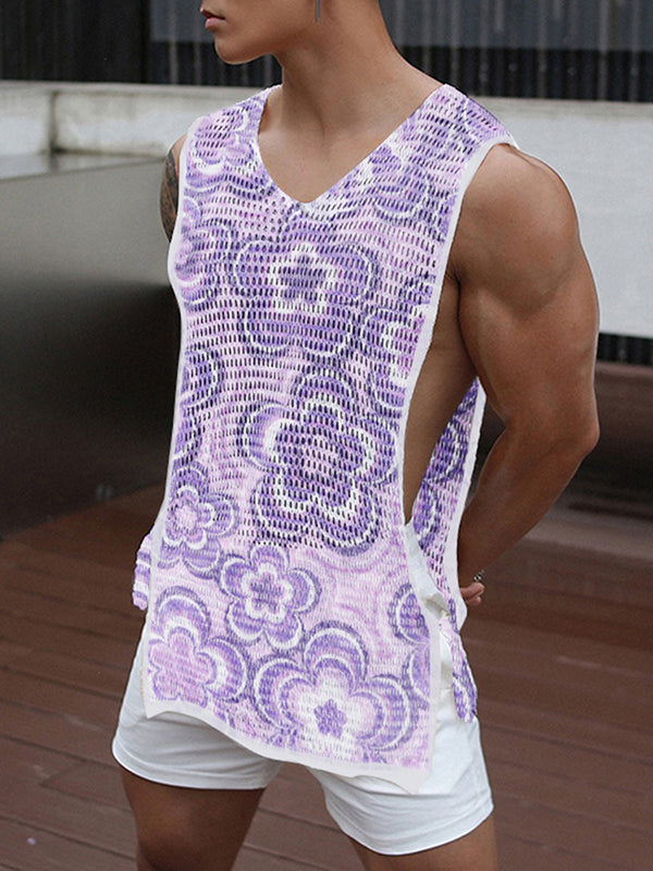 Mens Floral Print Mesh Tie Side Vest SKUK14465