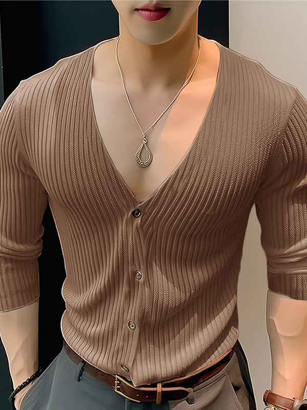 Mens Solid V-Neck Button Front Knit Shirt SKUK48906