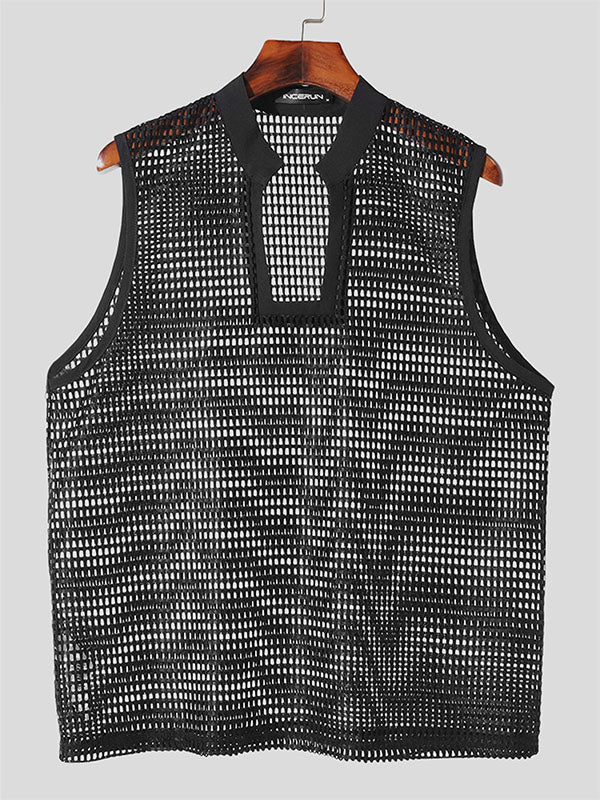 Mens Solid Mesh See Through Sleeveless Vest SKUK64326