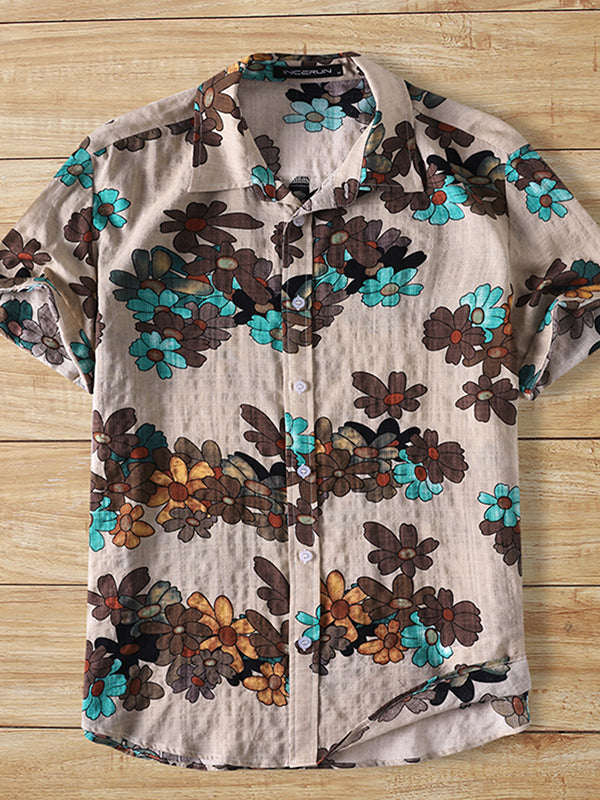 Mens Cotton Linen Ethnic Floral Print Shirt SKUJ45914