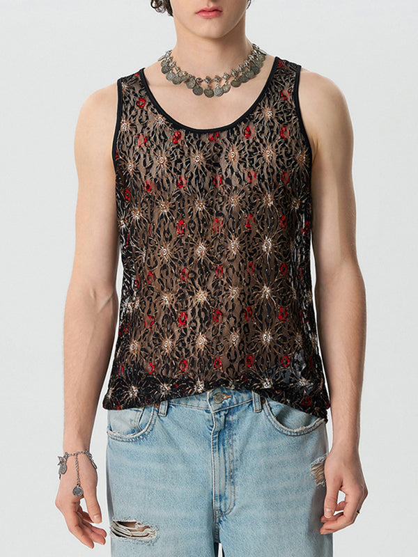 Mens Lace See Through U-Neck Sleeveless Vest SKUK56348