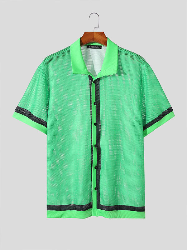 Mens Mesh Hollow-Out Short-Sleeve Shirt SKUK68778