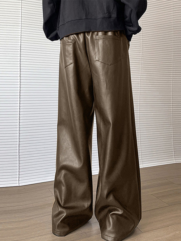 Mens Solid Color Leather Wide-Leg Pant SKUK88078