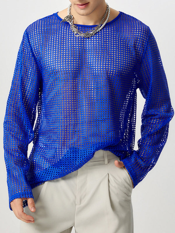 Mens Mesh Hollow-Out Sheer Long-Sleeve T-Shirt SKUK81203