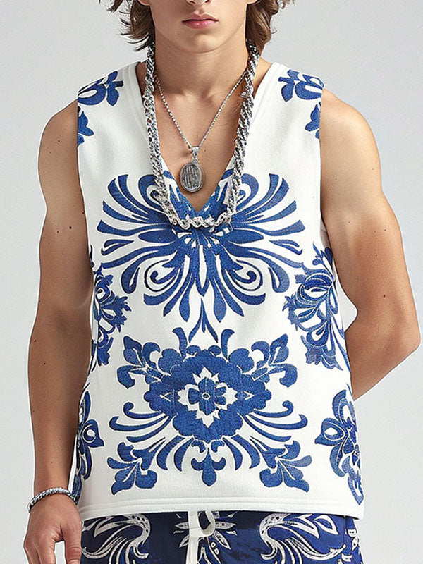 Mens Floral Print V-Neck Sleeveless Tank SKUK65084