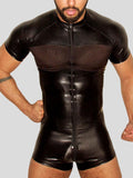 Mens Faux Leather Mesh Patchwork Zip Bodysuit SKUK38089