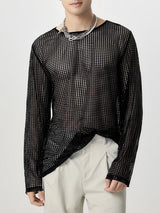 Mens Mesh Hollow-Out Sheer Long-Sleeve T-Shirt SKUK81203