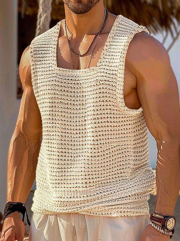 Mens Textured Hollow Square Neck Sleeveless Tank SKUK67980