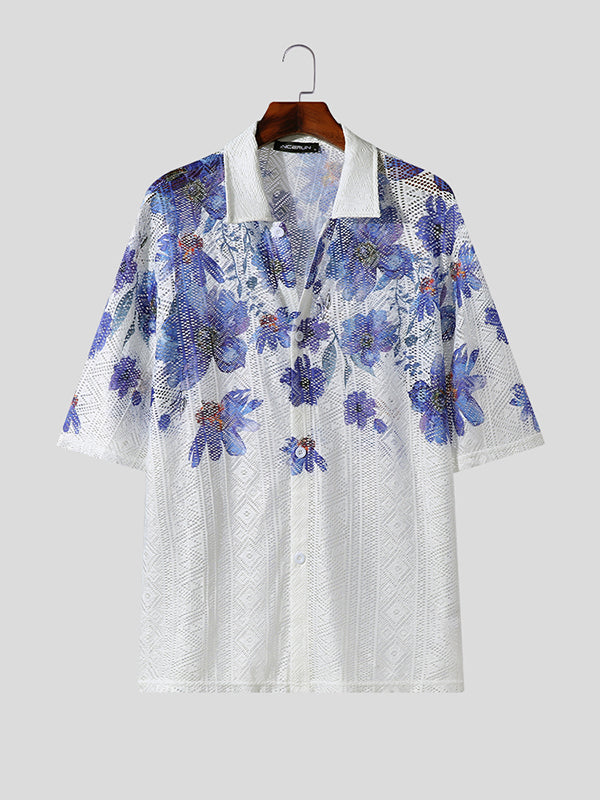 Mens Floral Print Lace Short Sleeve Shirt SKUK23657