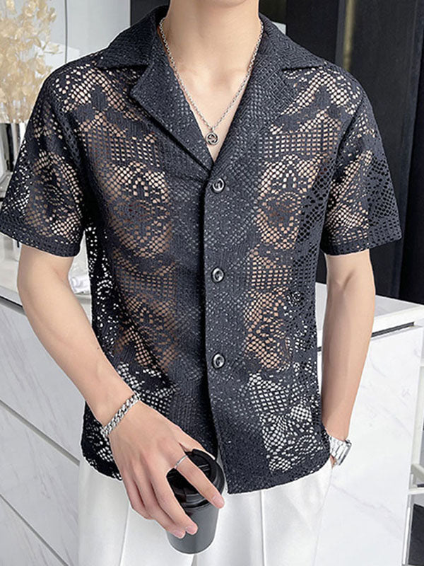 Mens Thin Lace Sheer Short Sleeve Shirt SKUK65524