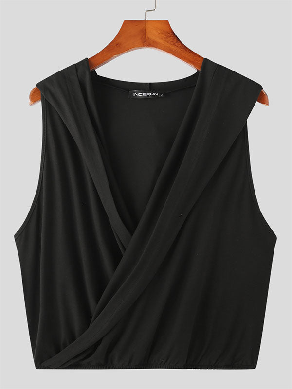 Mens Solid Sleeveless Hooded Crop Top SKUK06251