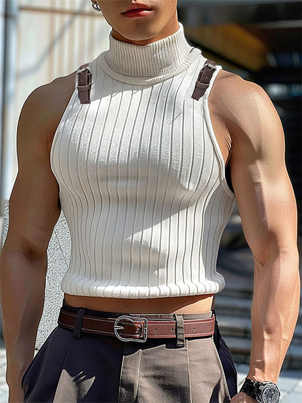 Mens Solid Color Turtleneck Knit Sleeveless Tank