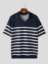 Mens Stripe Print  V-Neck Short-Sleeve Shirt SKUK69983