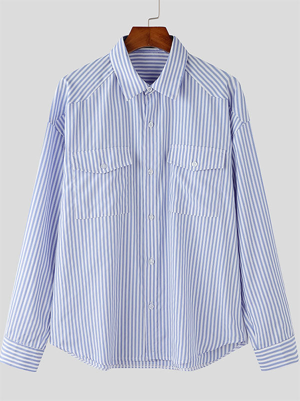 Mens Striped Double-Pocket Long-Sleeve Shirt SKUK87883