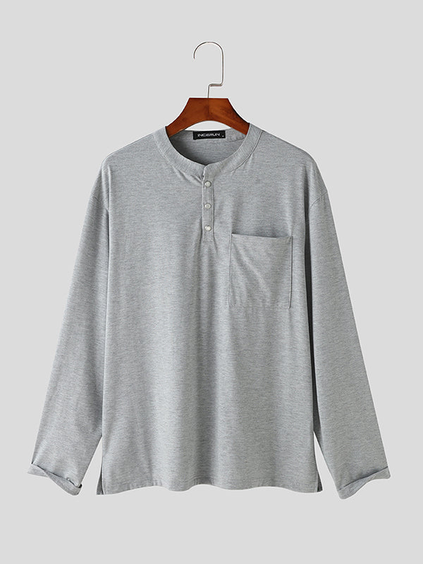 Mens Solid Stand Collar Casual Henley Shirt SKUK37245