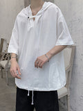 Mens Solid Texture Cotton Drawstring Hooded T-Shirt SKUK27716