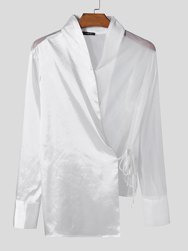 Mens Sheer Tie-Front Long-Sleeve Shirt SKUK79646