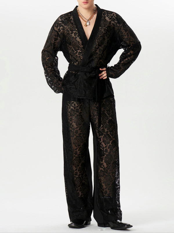 Mens Lace Tie Kimono Two Pieces Outfits SKUK44486