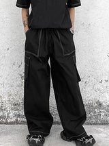 Mens Solid Cargo Pockets Elastic Waist Casual Pants SKUK60313