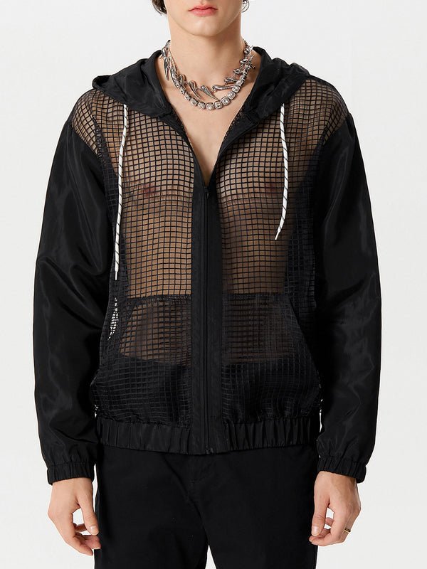 Mens Patchwork Mesh See Through Hooded Jacket SKUK50841