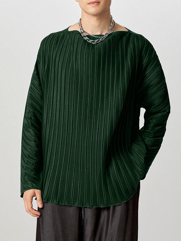 Mens Solid Color Ruched Design Long-Sleeve T-Shirt SKUK84550