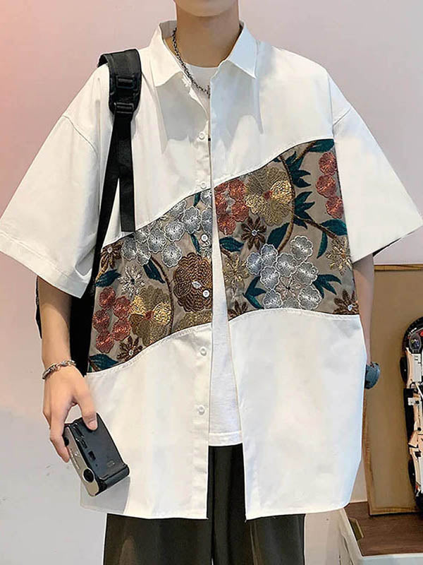 Mens Minimalist Floral Embroidery Short Sleeve Shirt SKUK71146