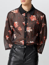 Mens Floral Print Sheer 3/4 Sleeve Shirt SKUK62934