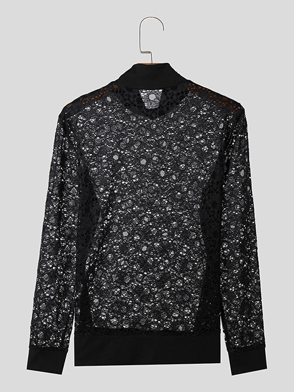 Mens Lace High Neck Long Sleeve T-Shirt SKUK43835