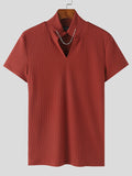 Mens Solid Textured Notched Neck Short Sleeve T-Shirt SKUK61909
