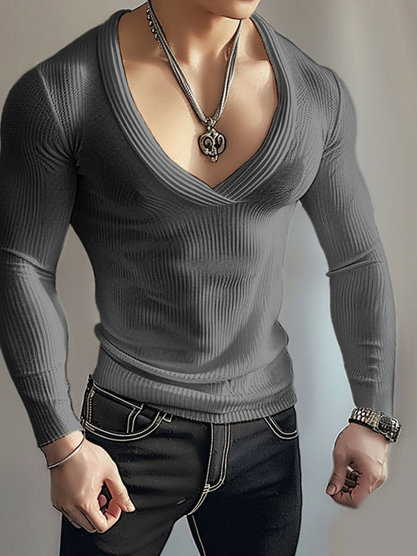 Mens Knitted Slim Fit V-Neck T-Shirt SKUK68189