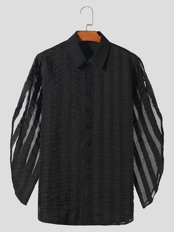 Mens Striped Sheer Sleeve Slit Design Shirt SKUK74079