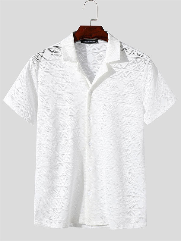 Mens Lace Sheer Cuban Collar Short Sleeve Shirt SKUK63059